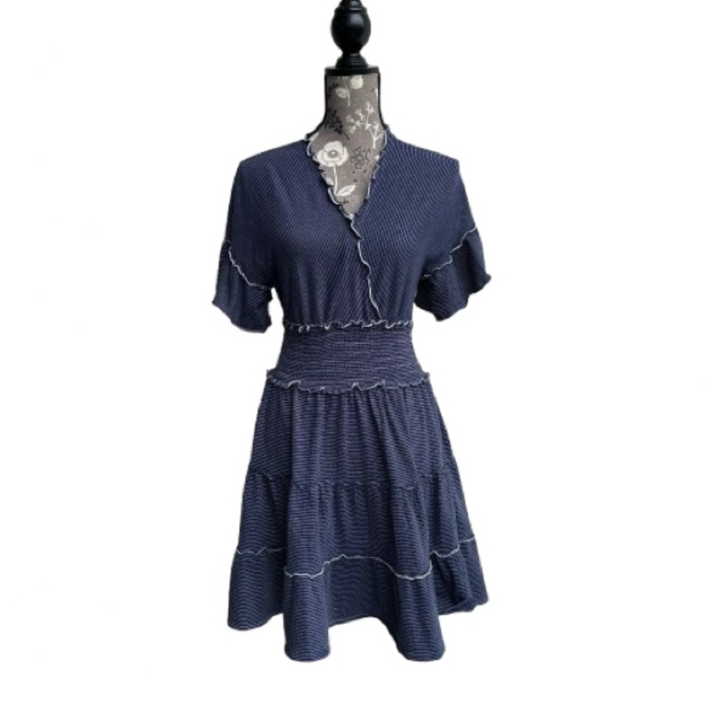 Max Studio Women's Junior S Navy Blue Striped Short Sleeve Ruffled Mini Dress